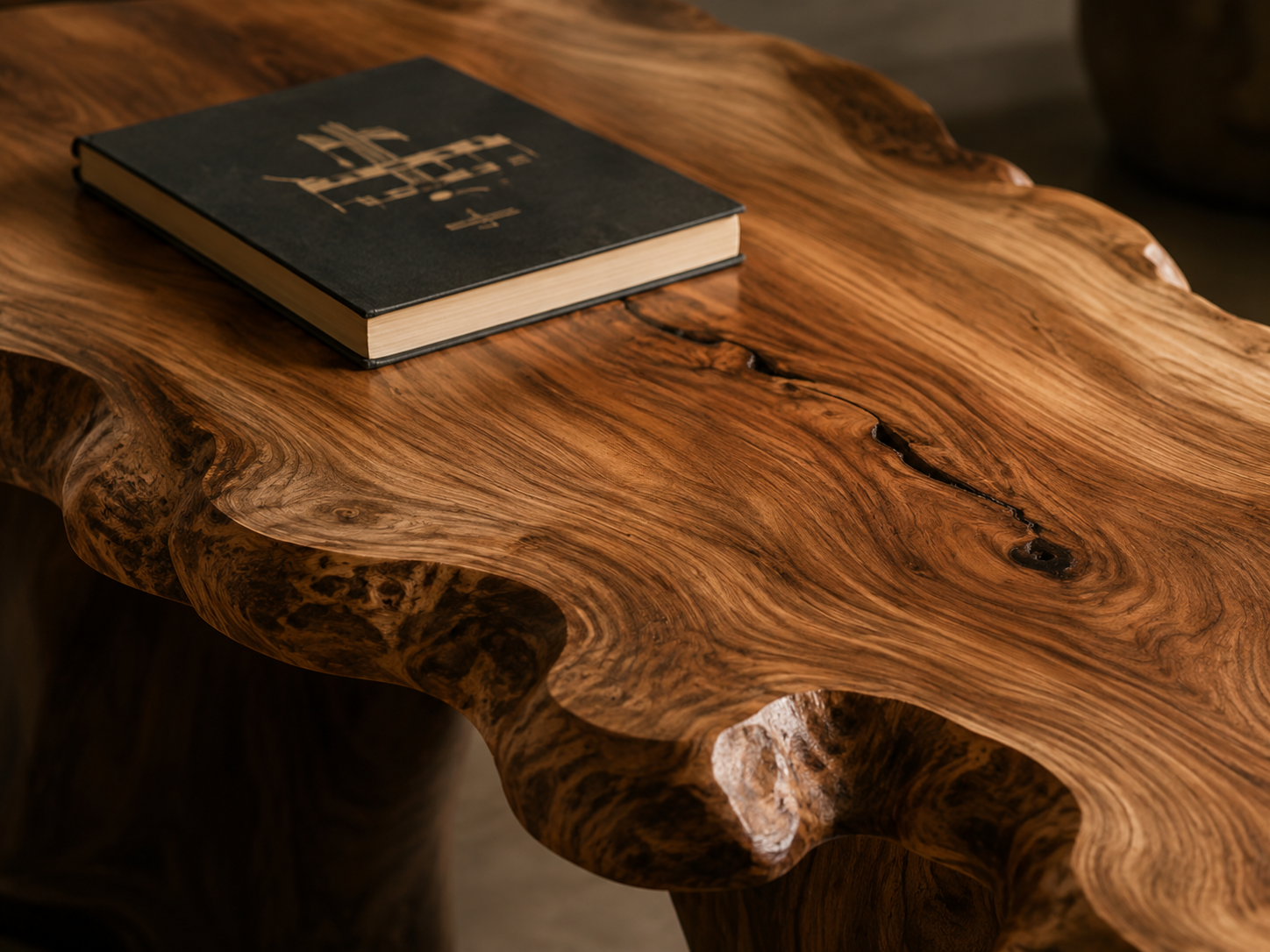 Live-edge natural wood slab with visible grain and a book