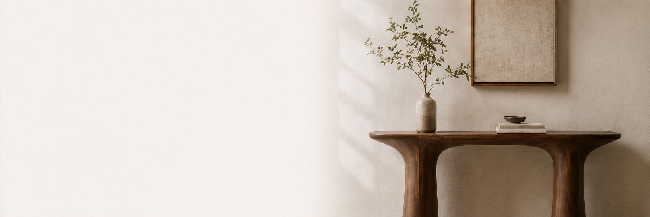 Handcrafted solid wood console styled with natural branches and ceramic objects