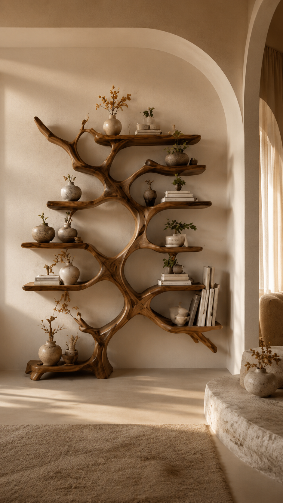 Handcrafted natural wood furniture styled in a refined interior