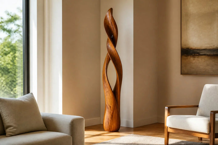 How to Style a Tall Wood Floor Sculpture in an Empty Corner