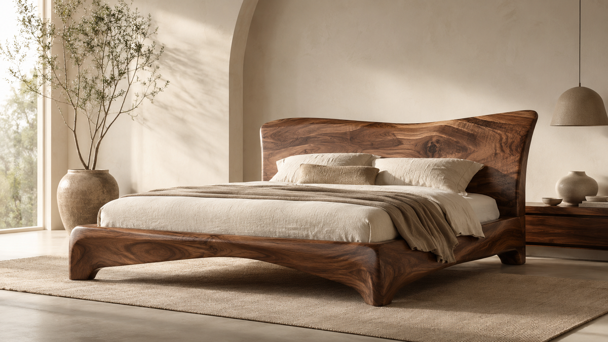 Handcrafted wooden bed collection with natural grain and luxury bedroom styling