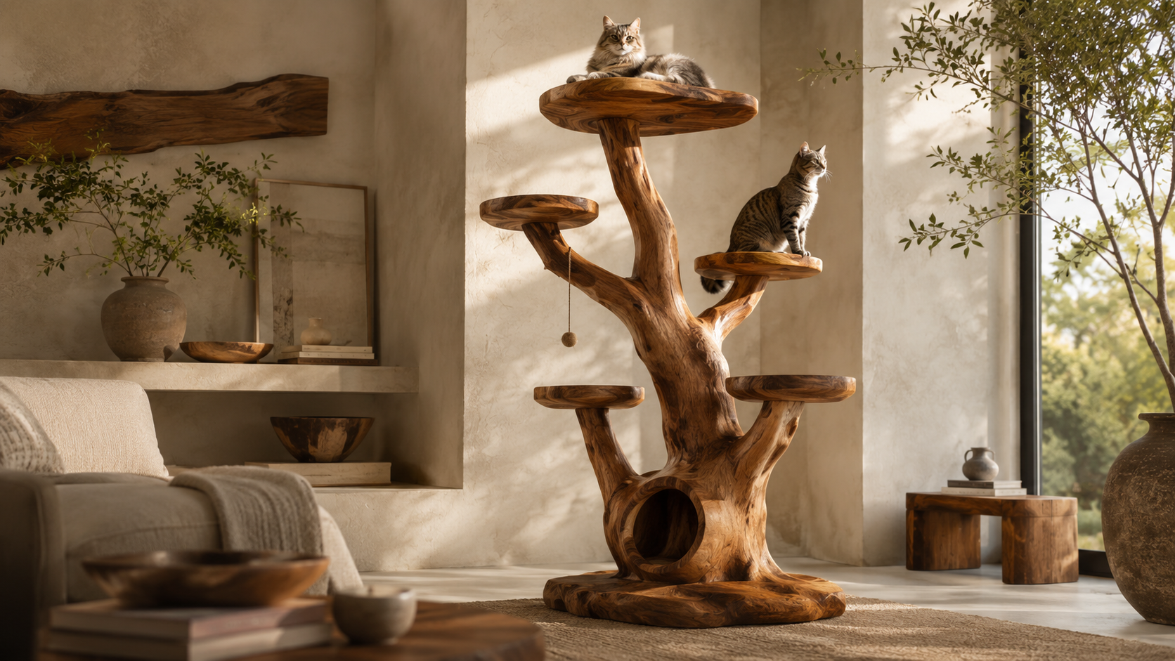 Wooden cat tree with sculptural form for luxury pet friendly interiors
