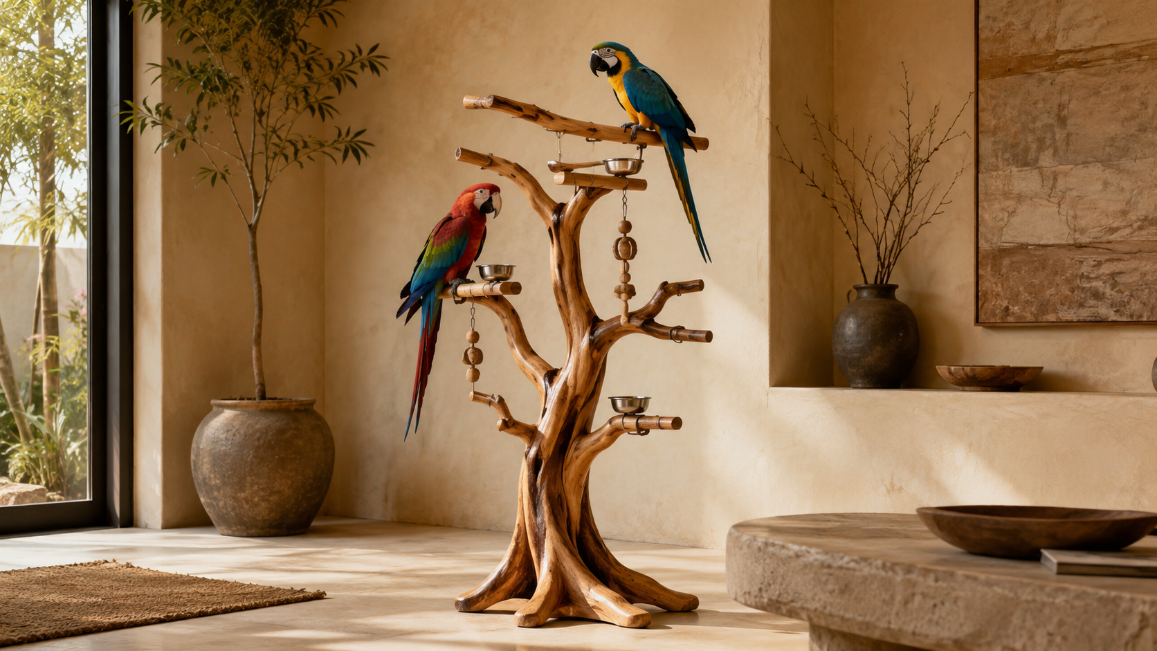 Wooden parrot tree bird stand with natural branch like form