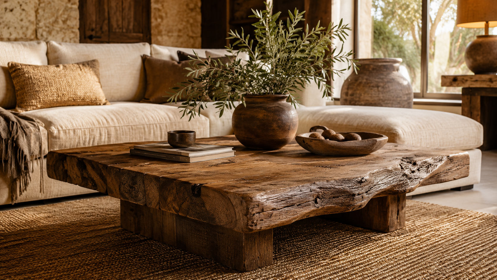 Wooden plant stand with natural grain for sculptural indoor plant display
