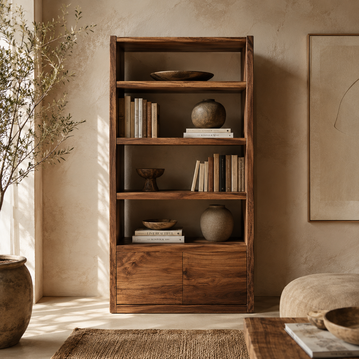 Modern wooden bookshelf styled with books ceramics and natural decor