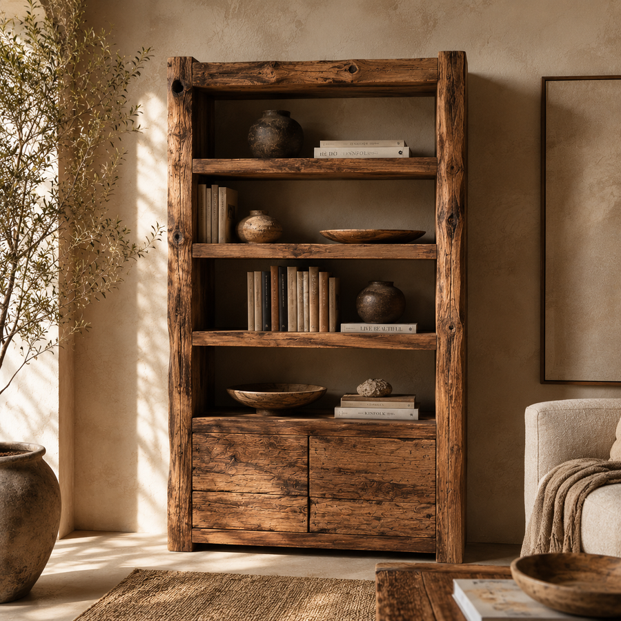 Rustic wooden bookshelf with visible natural grain and warm interior styling