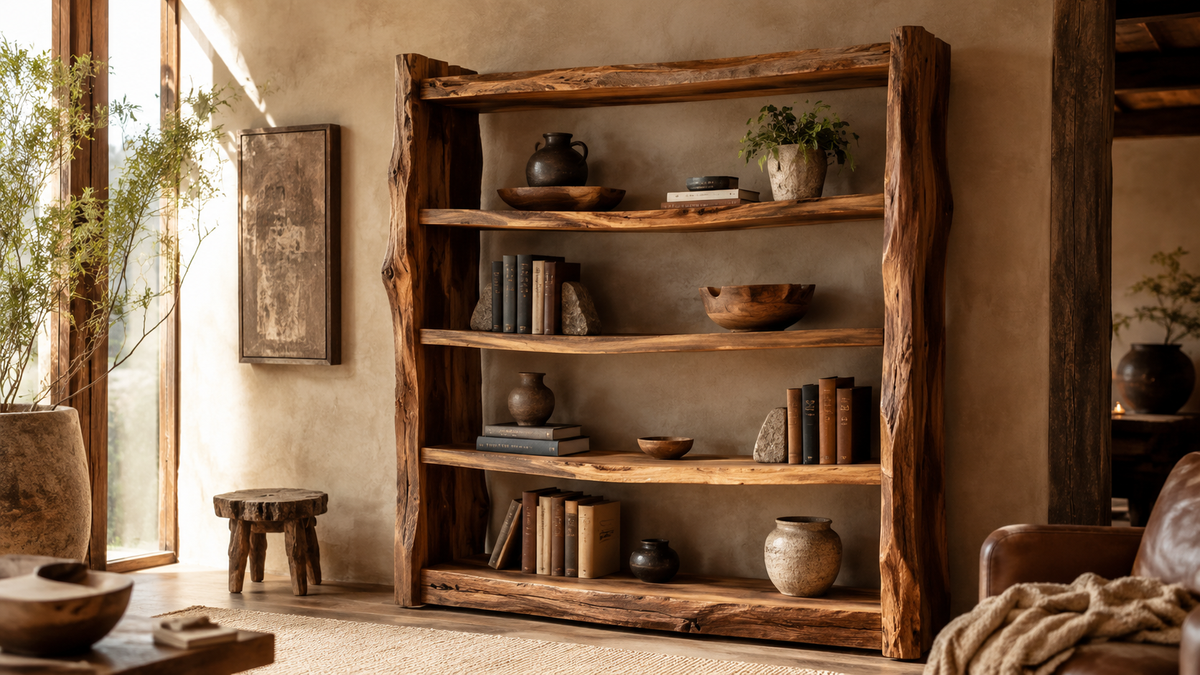 Wooden fireplace mantel shelf with natural grain in a refined living room