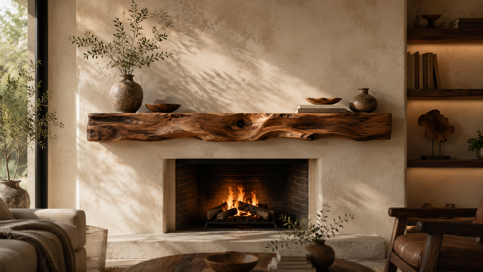 Wooden fireplace mantel shelf with natural grain in a refined living room