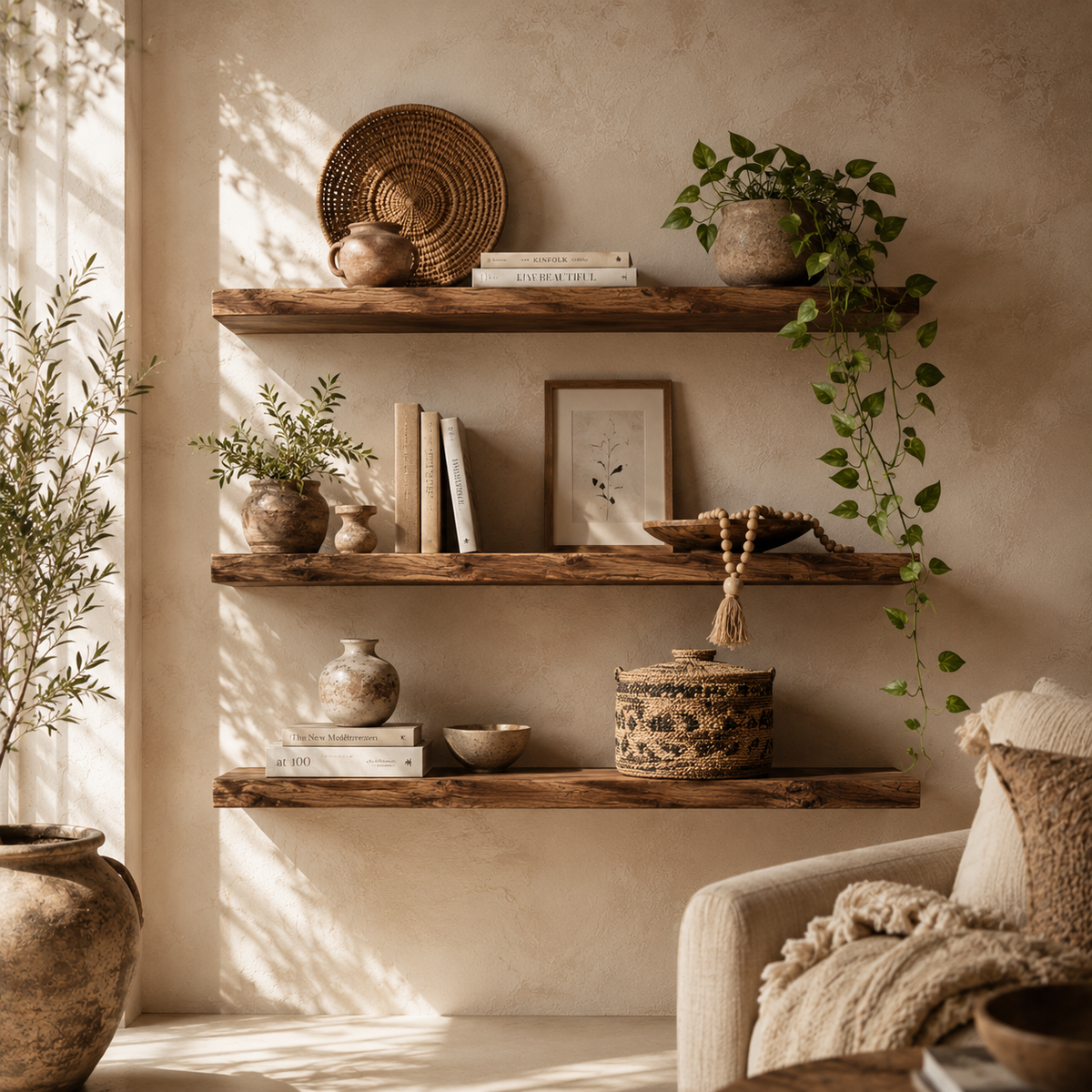 Boho wooden floating shelf styled with plants ceramics and decor