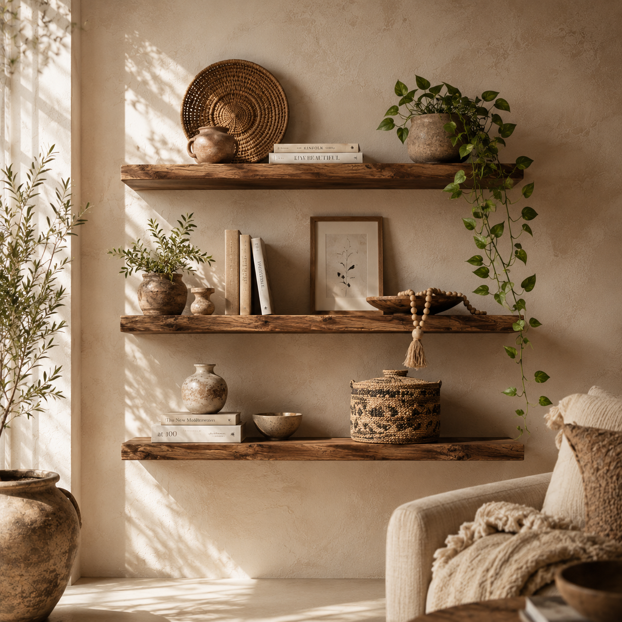 Boho wooden floating shelf styled with plants ceramics and decor