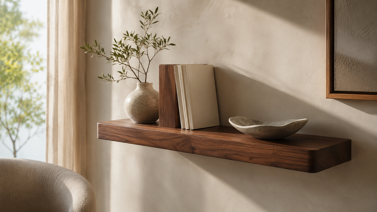 Modern wooden floating shelf with clean lines and natural grain