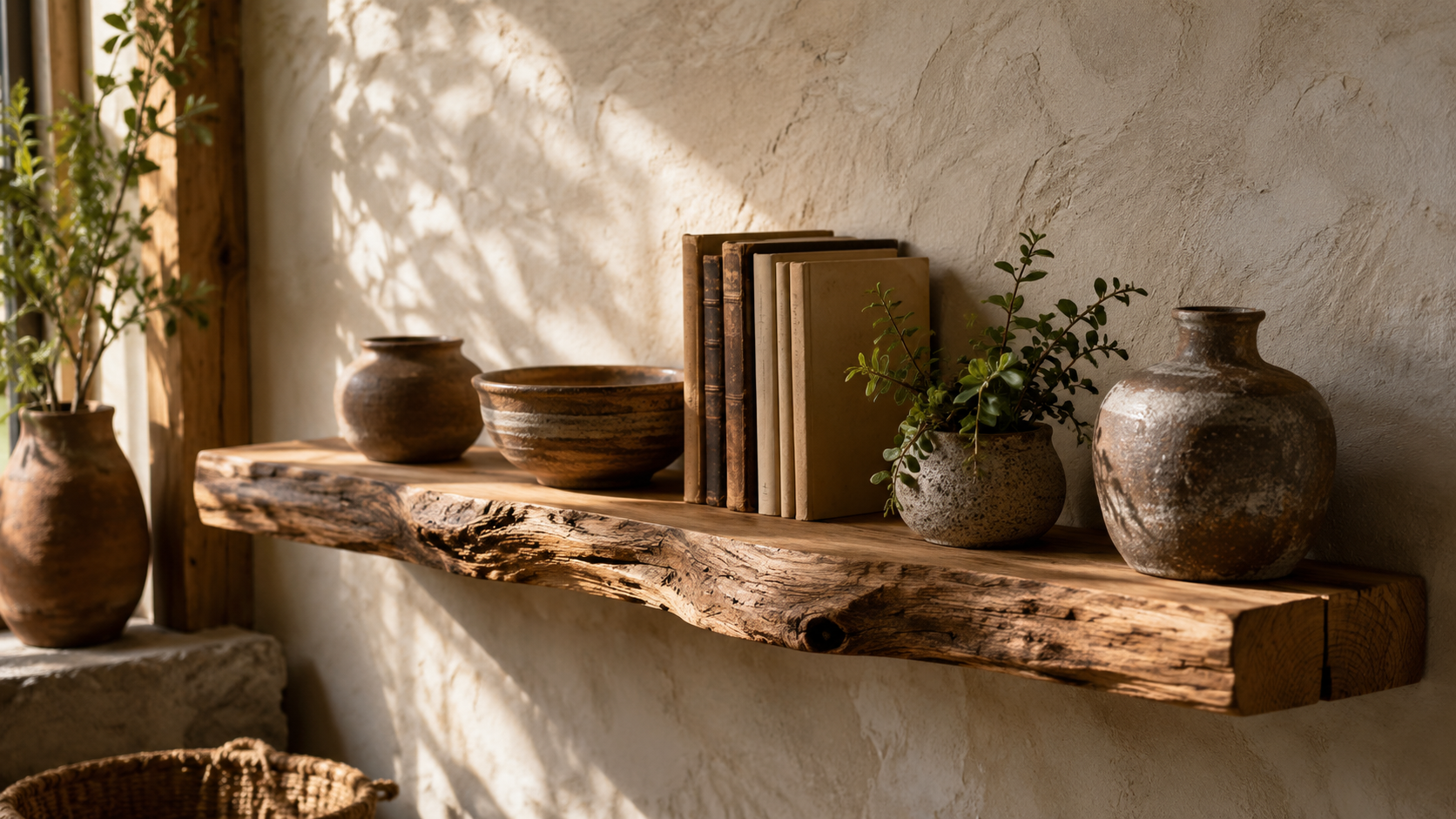 Rustic wooden floating shelf with earthy grain and warm wall styling
