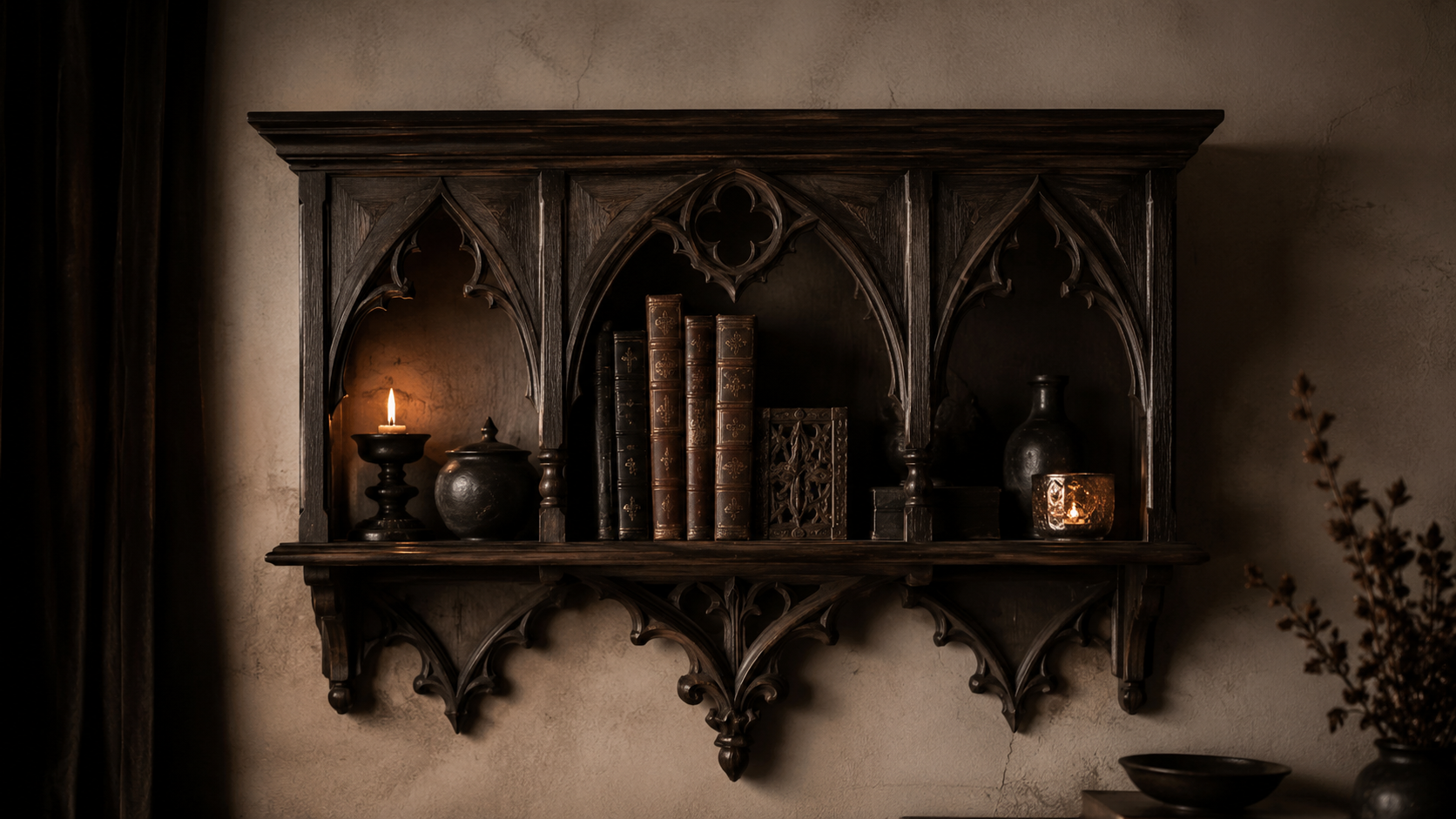 Gothic wooden wall shelf with arched carved form and dark interior styling