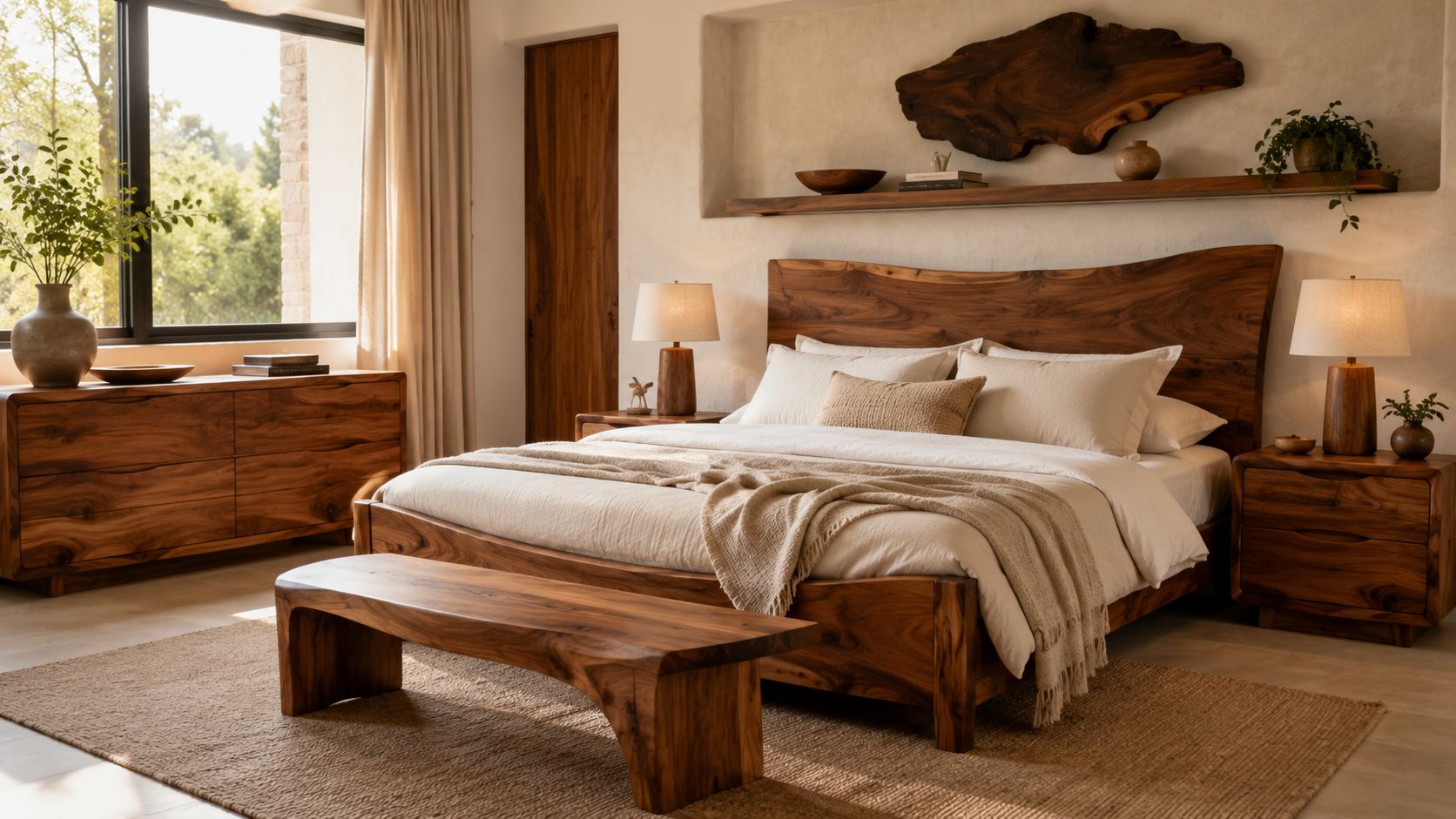 Luxury wooden bed frame with headboard in a refined bedroom interior