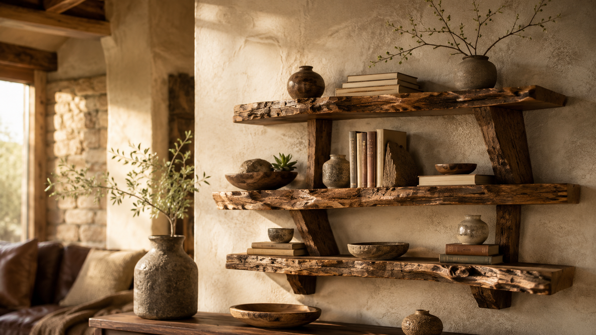 Rustic wooden wall shelf styled with ceramics books and natural decor