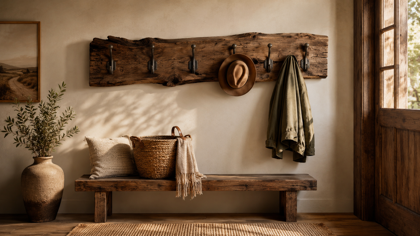 Wooden coat rack for coats bags and hats in a refined entryway