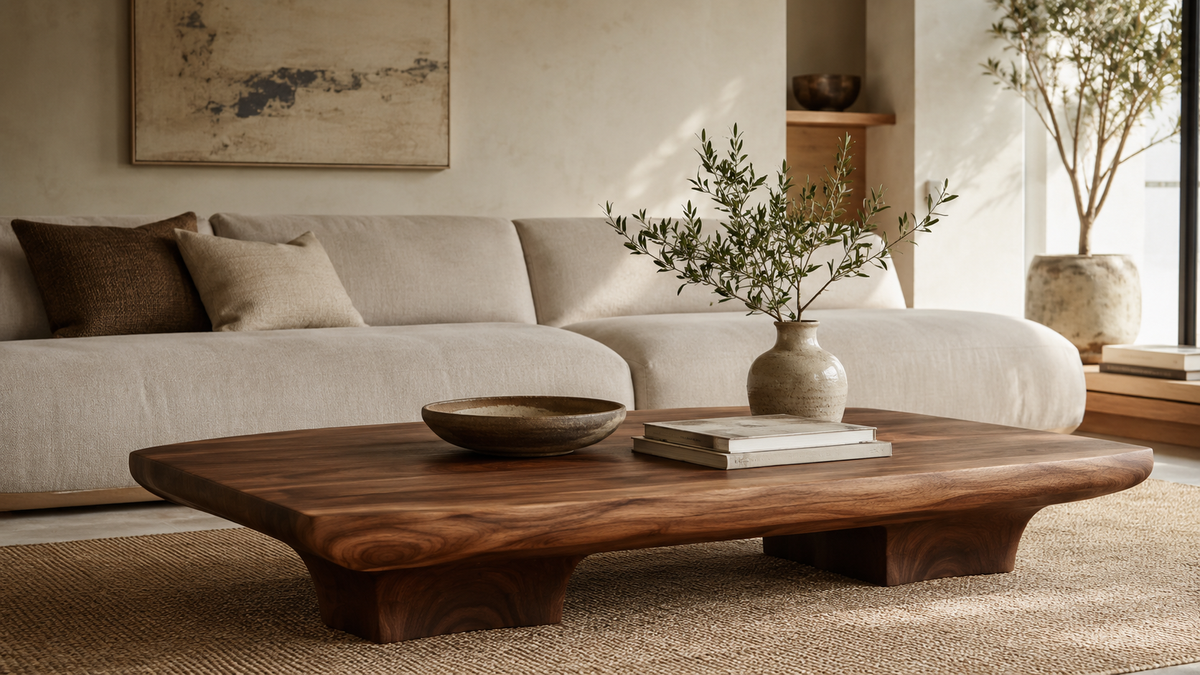 Modern wooden coffee table with natural grain in a luxury living room