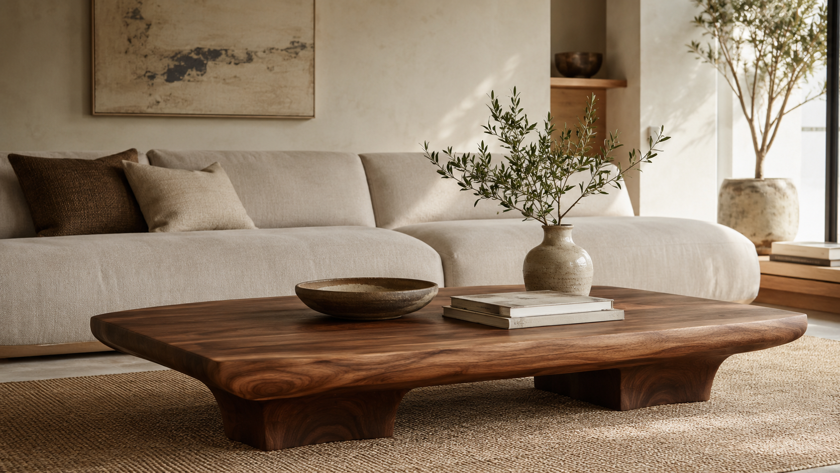 Modern wooden coffee table with natural grain in a luxury living room