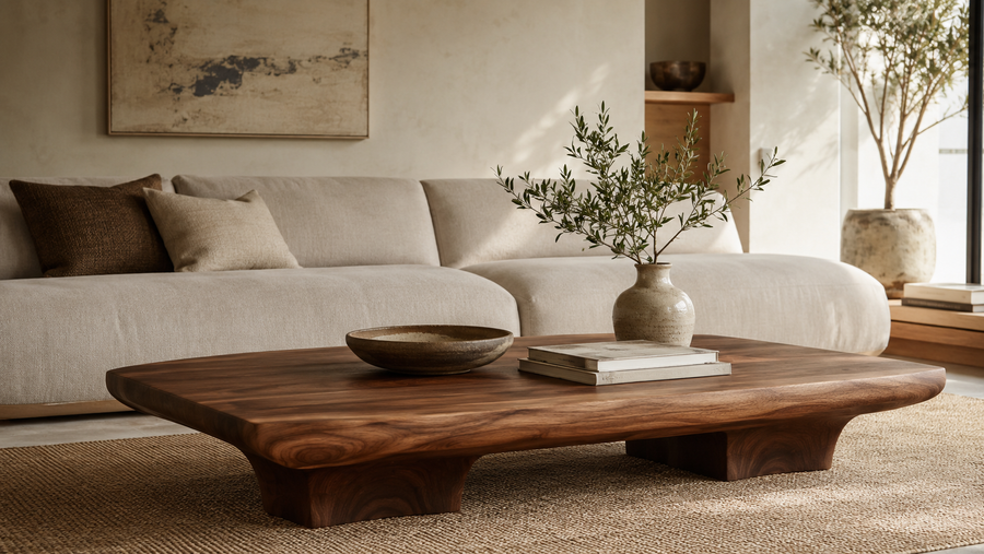 Modern wooden coffee table with natural grain in a luxury living room