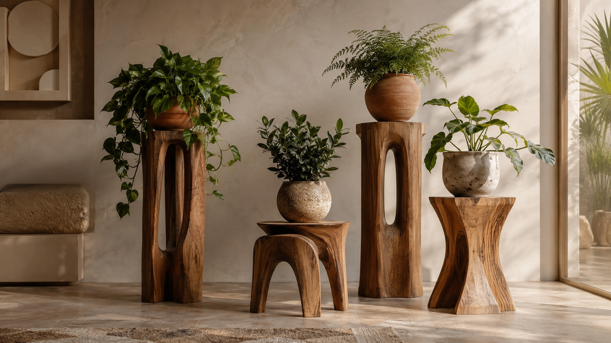 Rustic wooden coffee table with earthy grain and warm living room styling