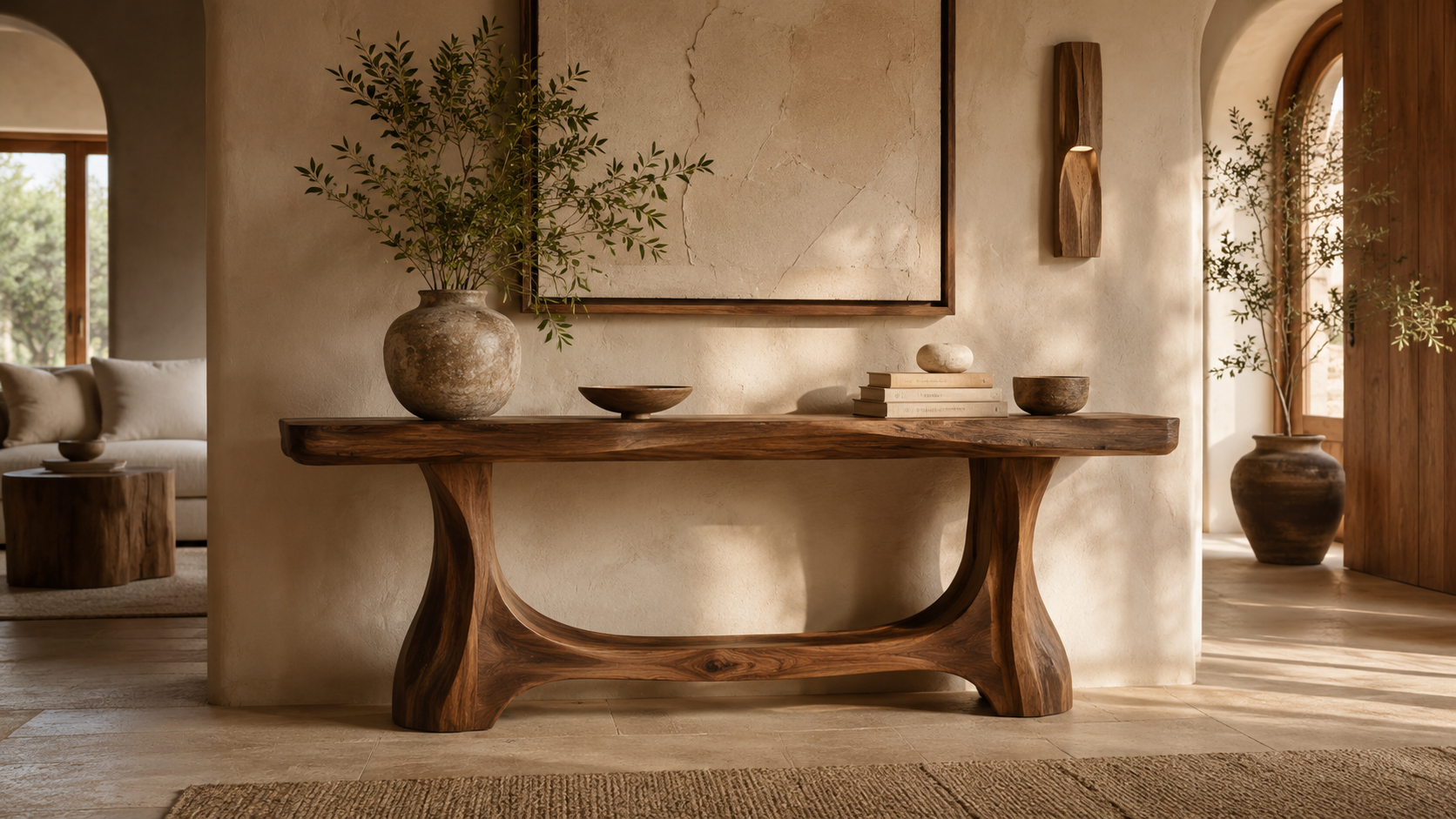 Handcrafted wooden console table styled in a refined entryway