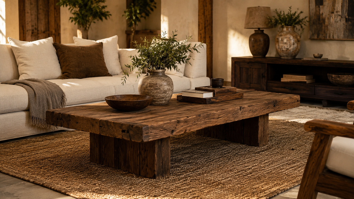 Handcrafted wooden end table beside a sofa in a refined living room