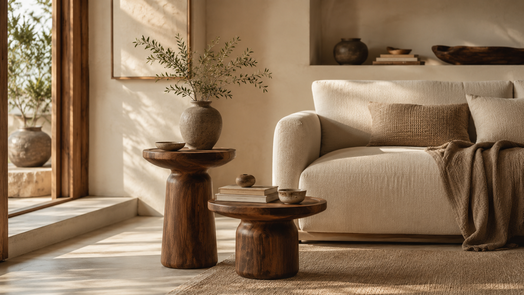 Handcrafted wooden end table beside a sofa in a refined living room