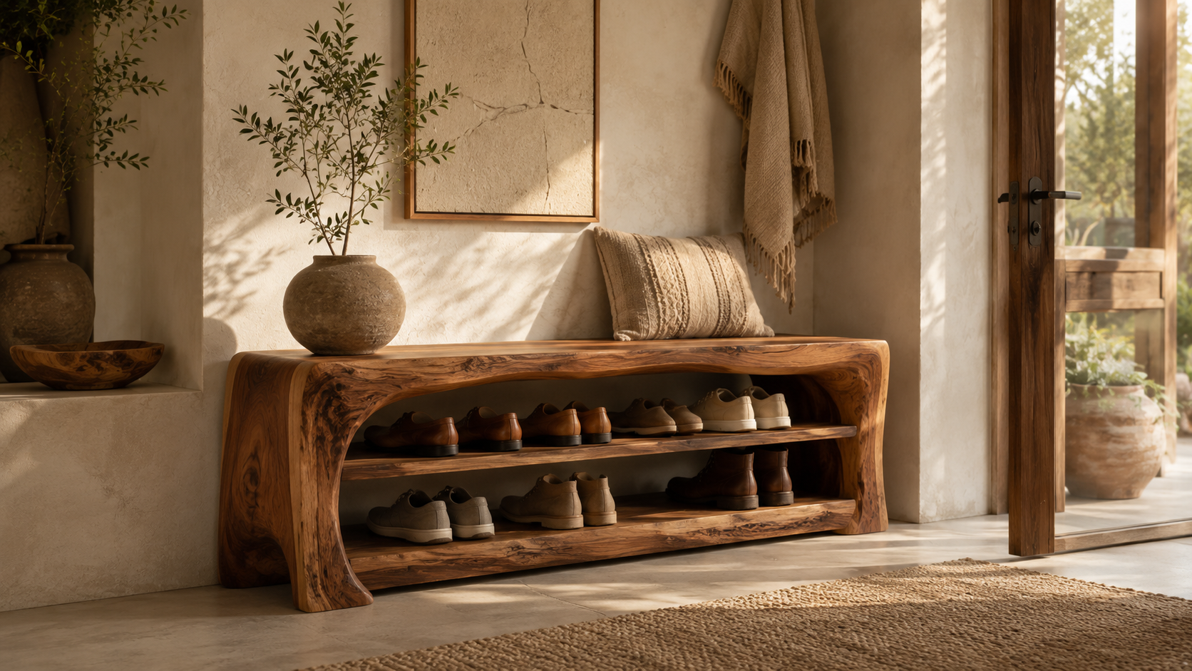 Wooden entryway shoe bench rack with seating and shoe storage