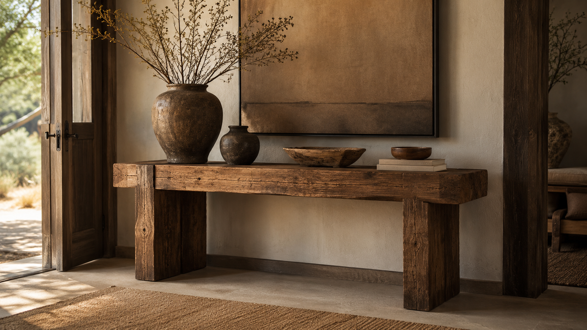 Handcrafted wooden storage cabinet with natural grain in a refined interior