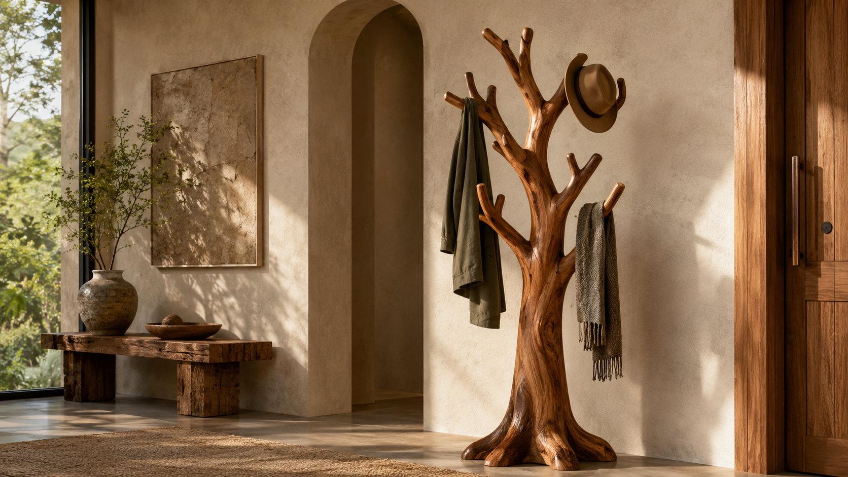Wooden tree coat rack with branch like form for entryway storage