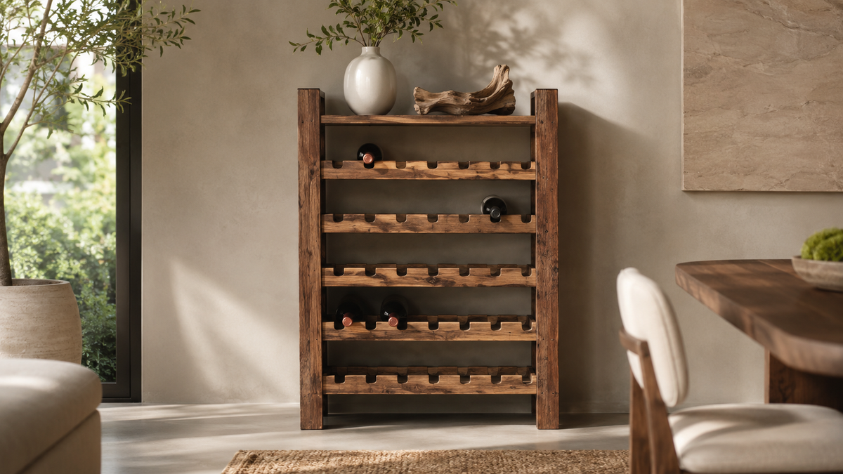 Rustic wooden wine rack with natural grain for wine storage and display