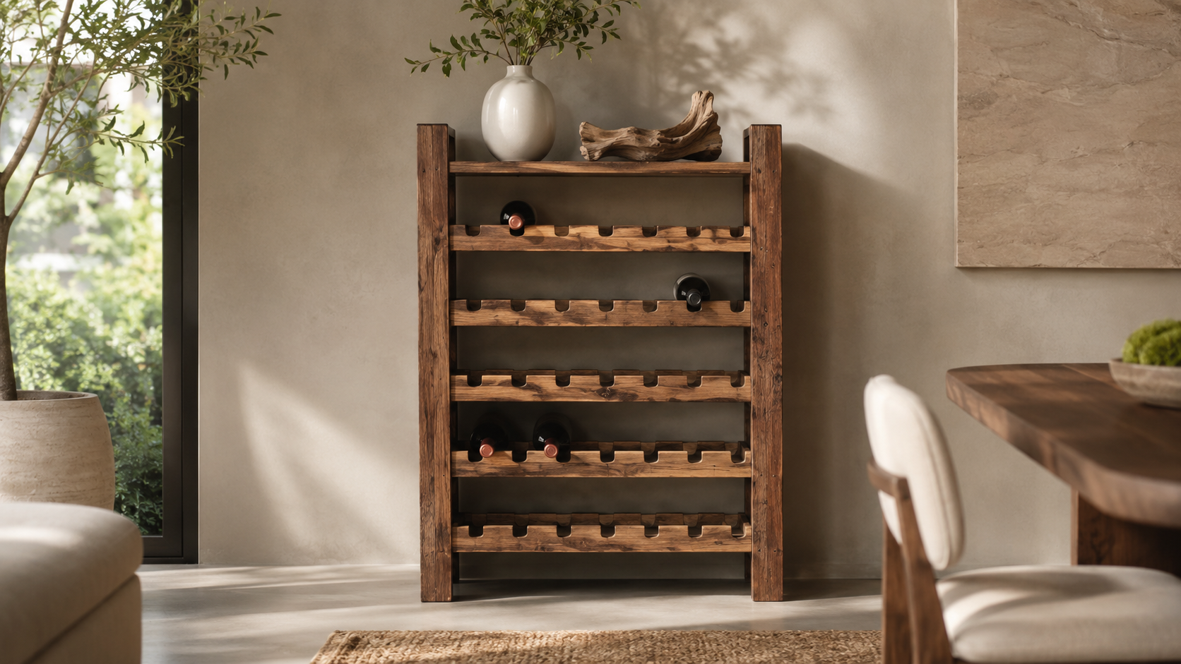 Rustic wooden wine rack with natural grain for wine storage and display