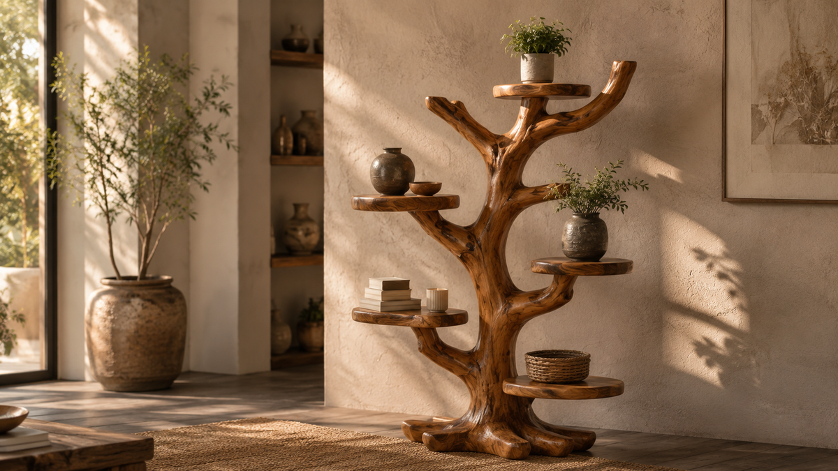 Handcrafted wooden bedside table with organic grain in a luxury bedroom