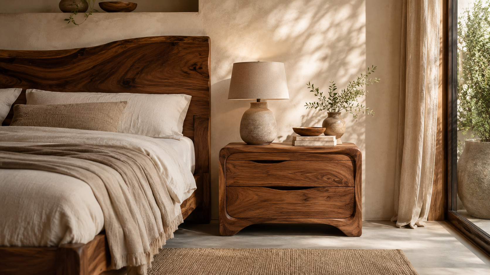Handcrafted wooden bedside table with organic grain in a luxury bedroom
