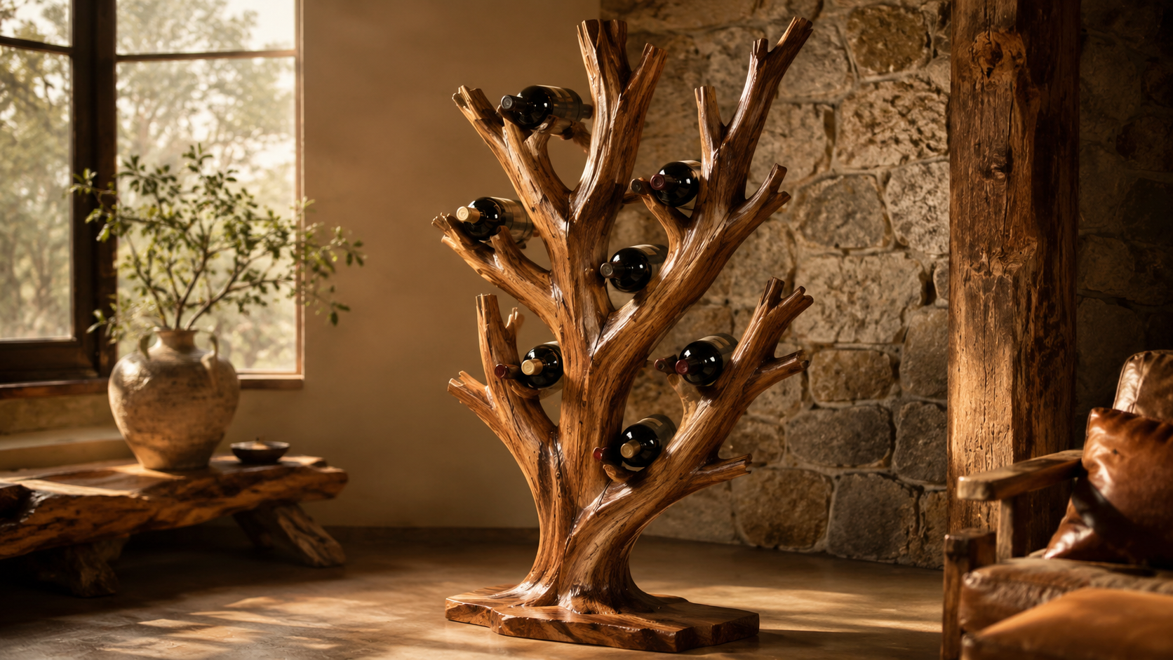 Wooden tree wine rack with branch like sculptural bottle display