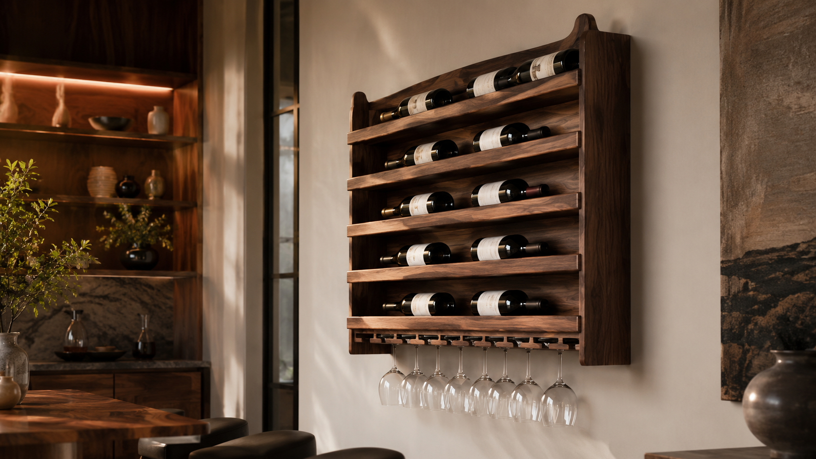 Wall mounted wooden wine rack for bottle and glass display in a home bar