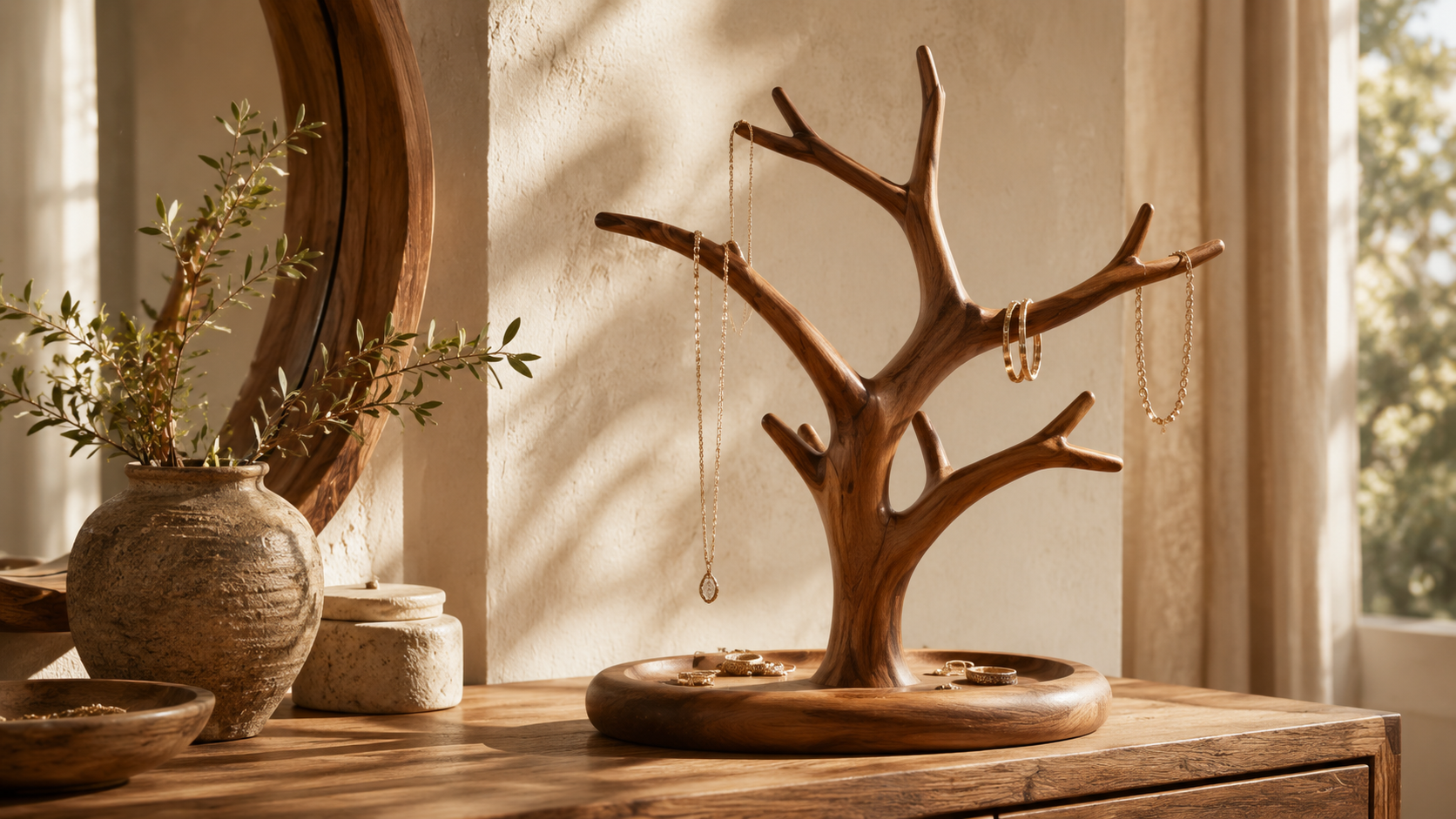 Wooden jewelry tree organizer stand for rings necklaces and bracelets
