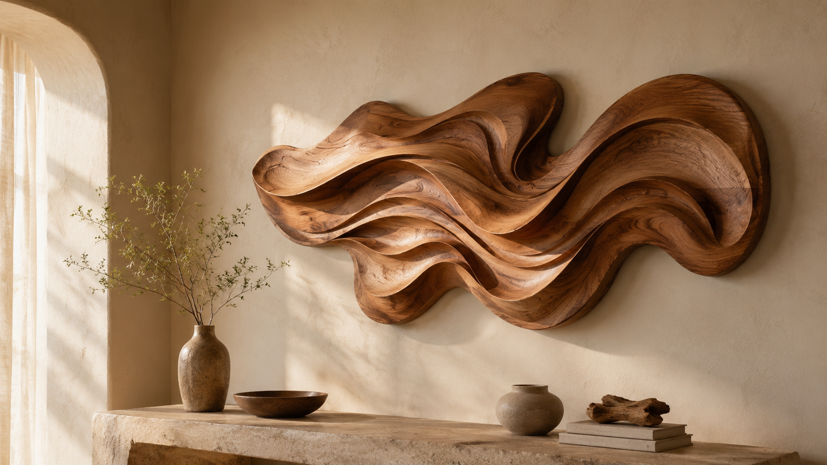 Wooden wall decorative sculpture with carved natural grain form