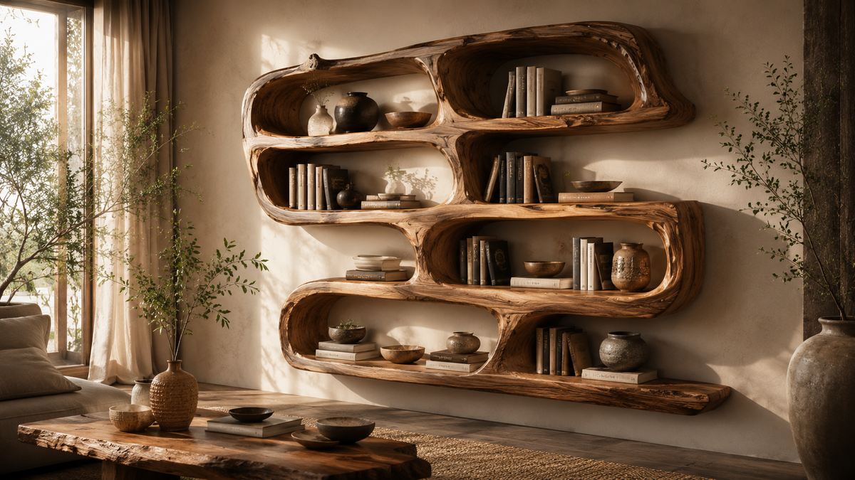 Wooden floor sculpture with organic form for luxury interior decor