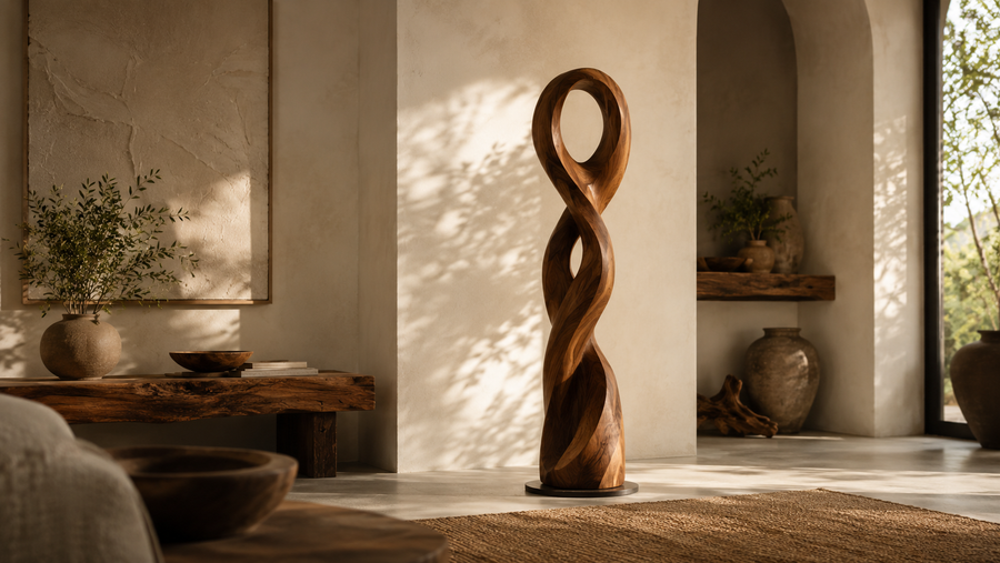 Wooden floor sculpture with organic form for luxury interior decor