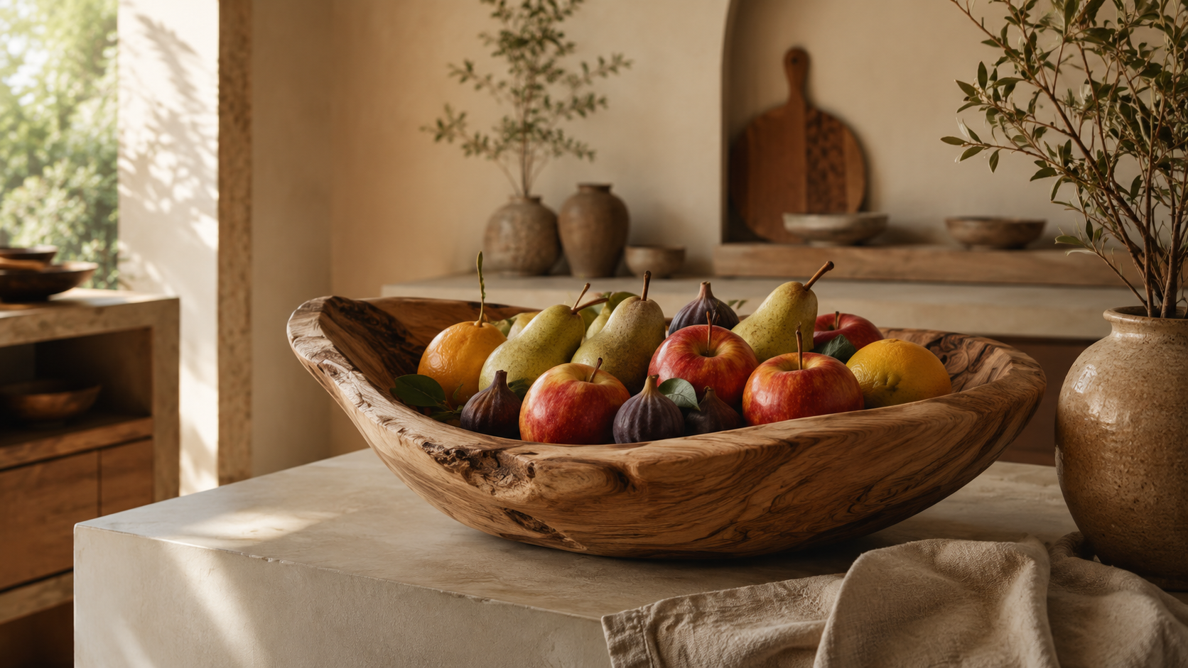 Handcrafted wooden fruit bowl with natural grain for table decor