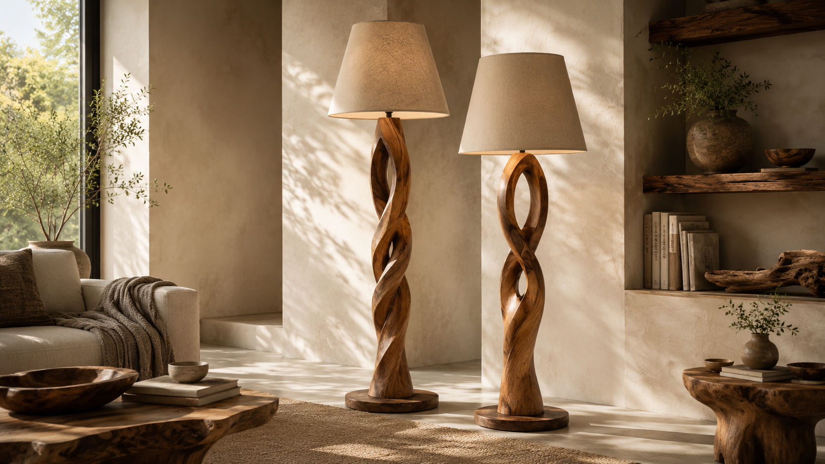 Handcrafted wood floor lamp base with natural grain for luxury lighting