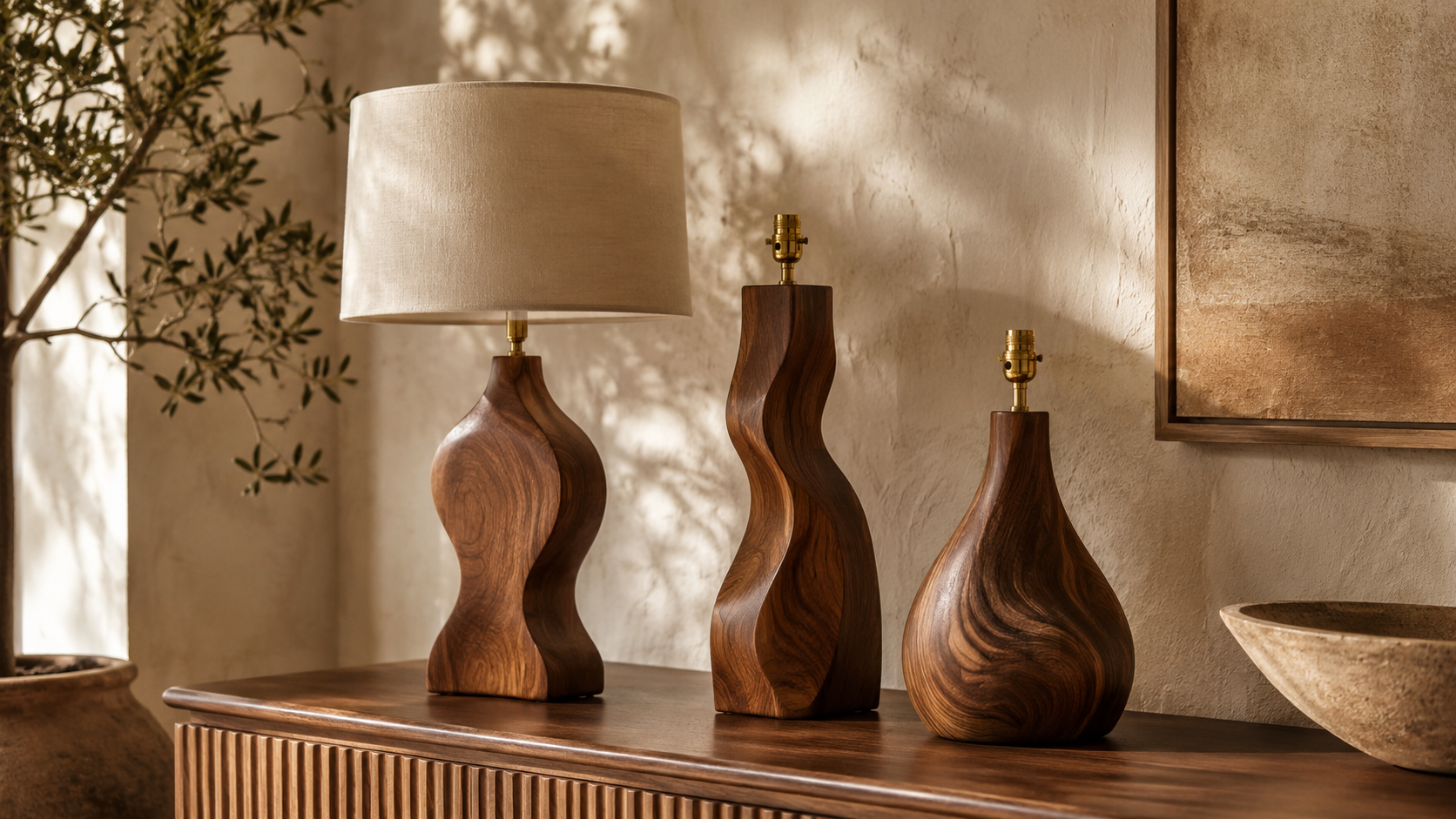 Wooden lamp base with carved natural grain for refined interior lighting