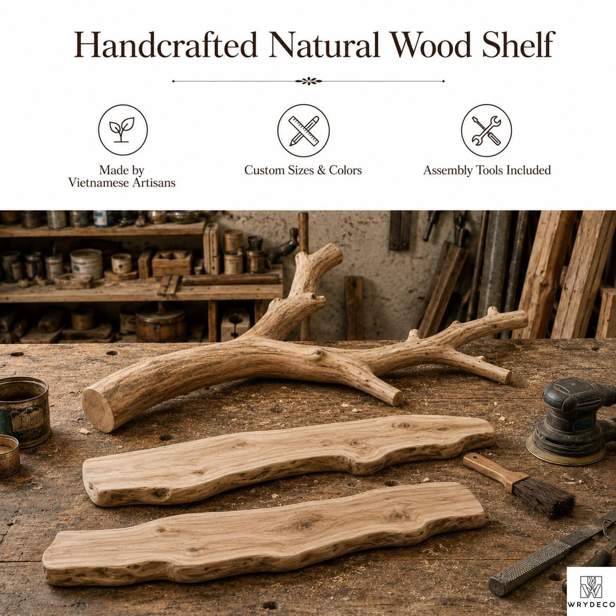 Handcrafted Tree Branch Floating Shelves – Unique Natural Wood Wall Shelf Set, Sculptural Art Display Bookcase for Living Room, Study, Bedroom & Home Library (2 Level Shelves) (C1)