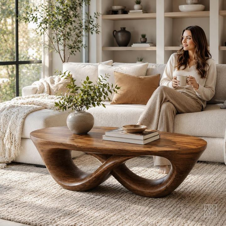 WAZARO Handmade Curved Oak Wood Coffee Table - Custom Wave Centerpiece - The Infinity