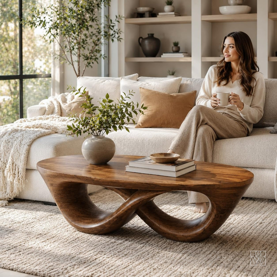 WAZARO Handmade Curved Oak Wood Coffee Table - Custom Wave Centerpiece - The Infinity