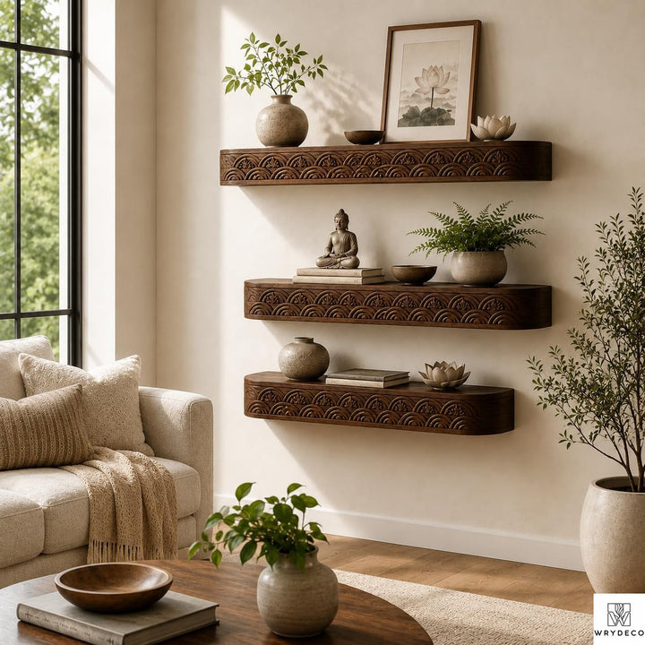 Decorative Floating Wood Shelf with Layered Scalloped Edge - View 1. Textured Floating Wall Display Add warmth, texture, and practical display space to your wall with a handmade-style floating shelf featuring layered scalloped trim, vertical fluted details, and customizable sizing. 01 Fluted Wood-Inspired Design Layered scalloped trim and vertical fluted detailing give the shelf a warm, dimensional appearance that adds texture and decorative character to the wall. 02 Custom Sizing for Your Space Custom s...