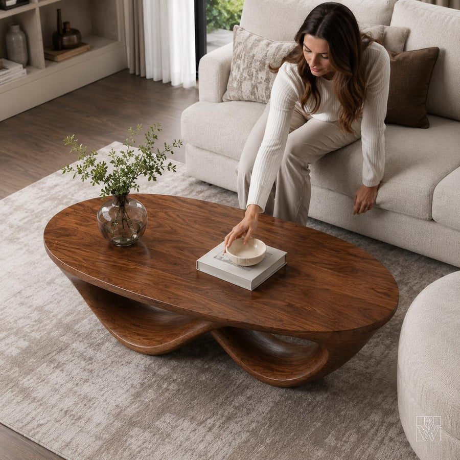 WAZARO Handmade Curved Oak Wood Coffee Table - Custom Wave Centerpiece - The Infinity