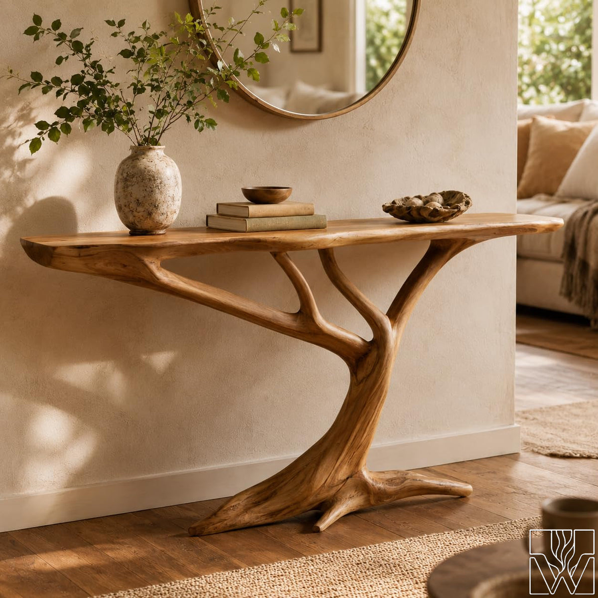 Rustic Handcrafted Wooden Coffee Table with Sculptural Base - image 2