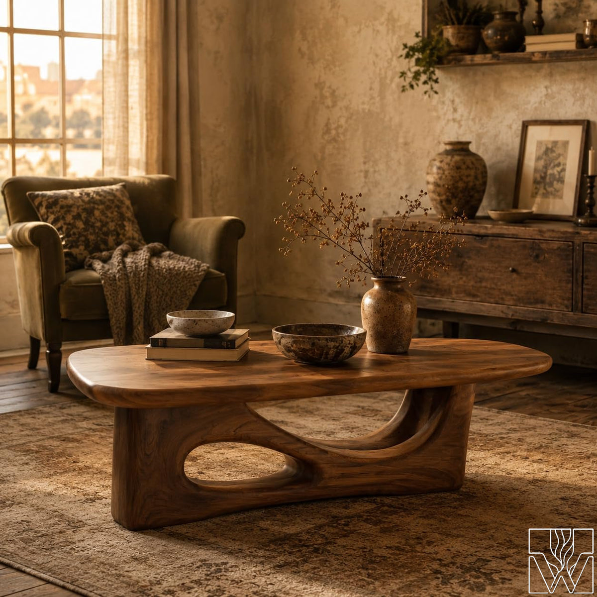 Handcrafted Wooden Coffee Table with Sculptural Base - image 4